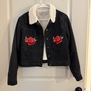 HYFVE Denim Jacket with Cream Sherpa Collar and Red Rose Pockets